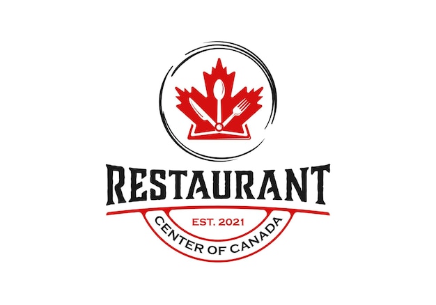 Hoja de arce con tenedor, cuchara, concepto de cuchillo. plantilla de inspiración de diseño de logotipo de restaurante de comida de canadá