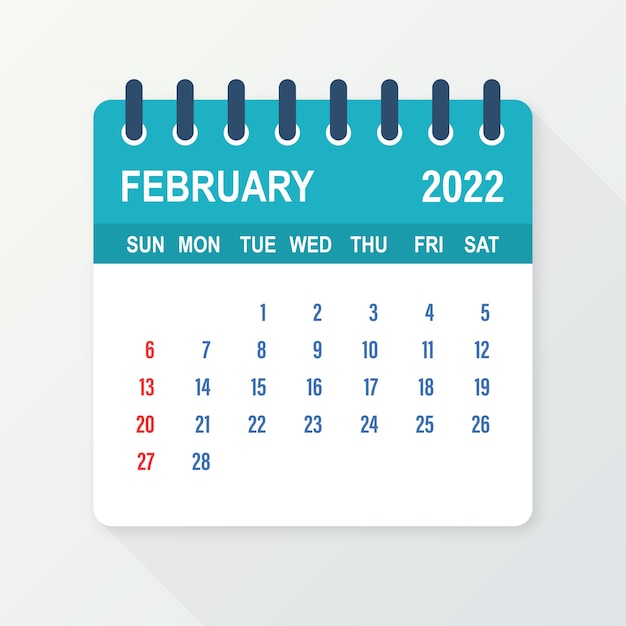 Hoja de calendario de febrero de 2022. Calendario 2022 en estilo plano. Ilustración vectorial.