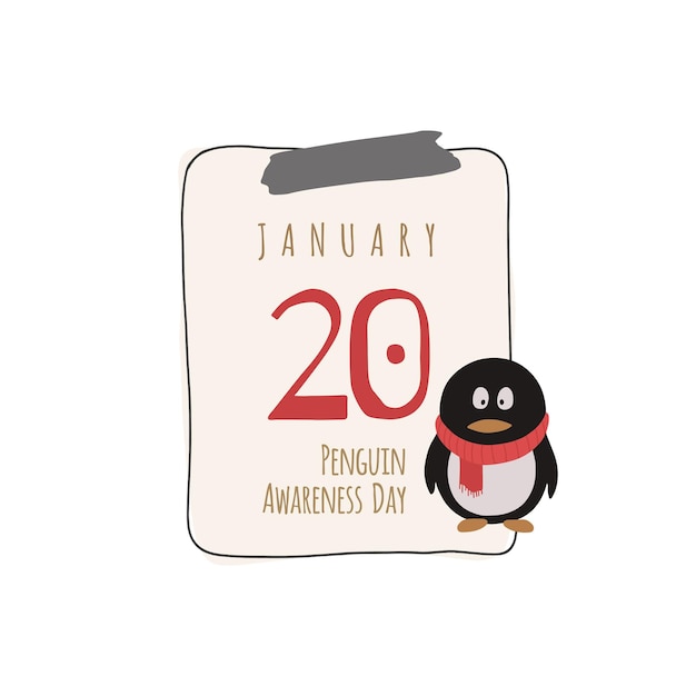 Hoja de calendario, ilustración vectorial sobre el tema del día de concientización sobre pingüinos el 20 de enero.