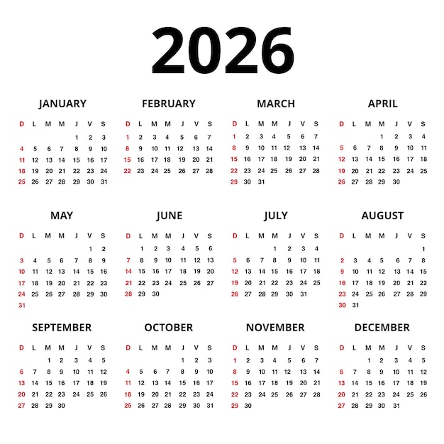 Una hoja de calendario en lengua inglesa de 2026 aislado sobre un fondo blanco