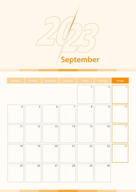 Vector hoja de calendario vertical vectorial moderna para el planificador de septiembre de 2023 en inglés