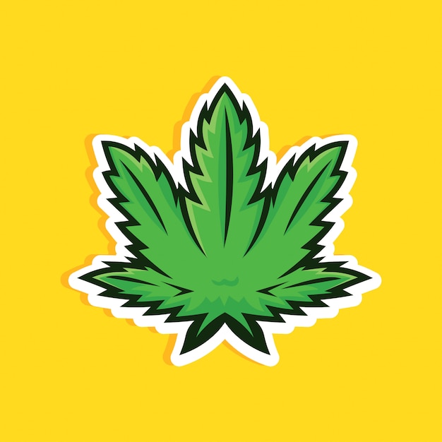 Hoja de cannabis estilo de dibujos animados sobre fondo amarillo. hoja de marihuana verde.