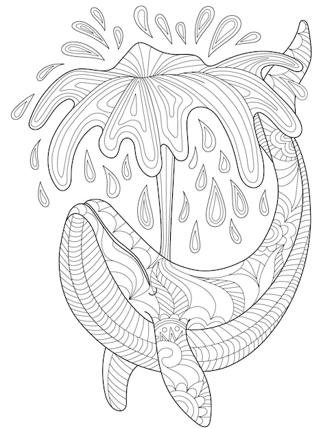 Vector hoja para colorear con un gran delfín saltado de las olas del océano dibujo de líneas incoloras enorme orca saltando desde debajo del mar página de libro para colorear