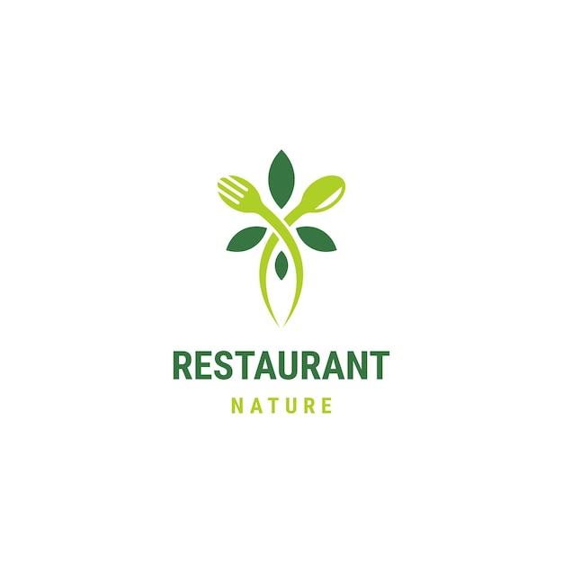 hoja de cuchara y tenedor con vector plano de plantilla de diseño de logotipo de restaurante natural