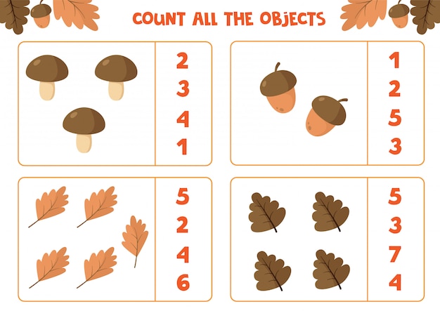 Hoja educativa para niños. Cuenta todos los objetos. Juego de matemáticas para niños. Conjunto de otoño