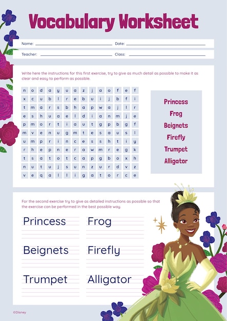 Hoja de ejercicios de vocabulario de Tiana y el Sapo