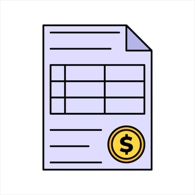 Hoja financiera Documento de estilo de diseño plano con icono de tabla y moneda