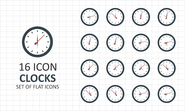 Hoja de icono plano de 16 relojes pixel perfect icons