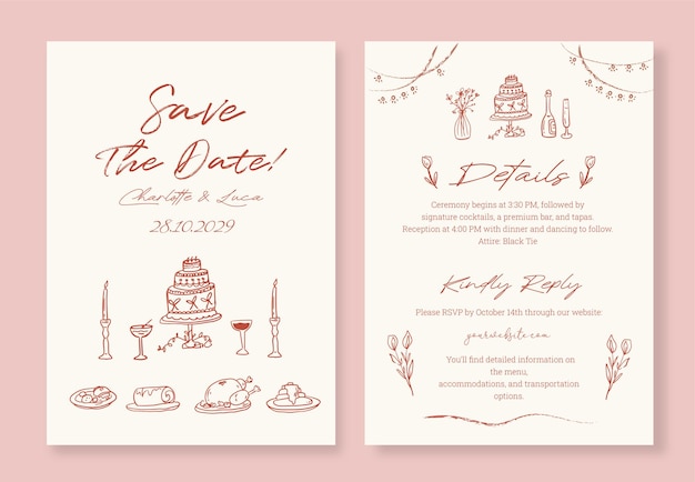 La hoja de invitación de Save the Date, dibujada a mano, es una invitación minimalista y caprichosa.