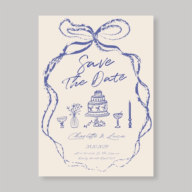 La hoja de invitación de Save the Date, dibujada a mano, es una invitación minimalista y caprichosa.