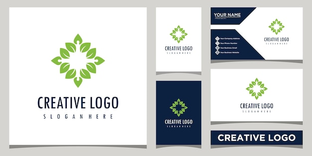 hoja de letra circular y plantilla de diseño de logotipo de yoga con diseño de tarjeta de visita