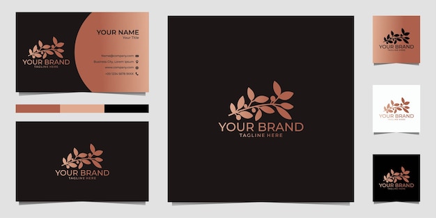 hoja de logotipo femenino y tarjeta de visita.