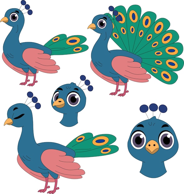 Una hoja modelo de dibujos animados de pavo real