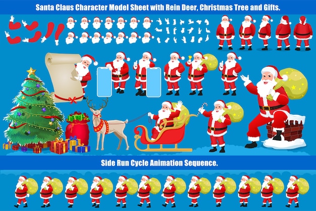 Hoja de modelo de diseño de personajes de Papá Noel navideño con animación de ciclo de caminata y sincronización de labios