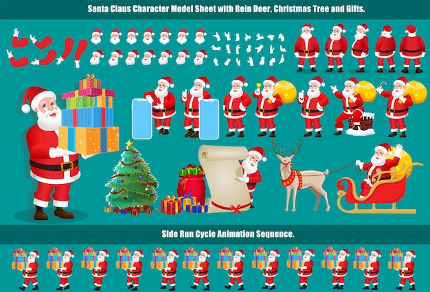 Hoja de modelo de diseño de personajes de Papá Noel navideño con animación de ciclo de caminata y sincronización de labios