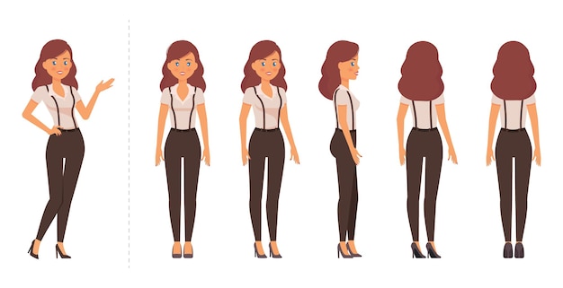 Vector hoja de modelo de mujer elegante diferentes poses y vistas para animación