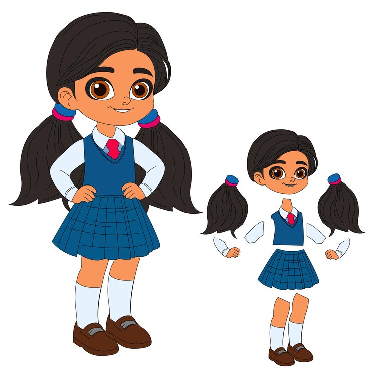 Vector hoja de modelo de niña de escuela de dibujos animados