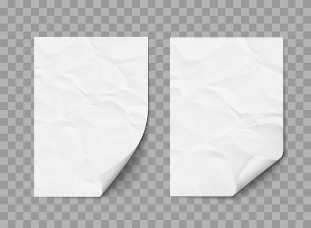 Hoja de papel blanco arrugada y arrugada con maqueta de esquina doblada aislada