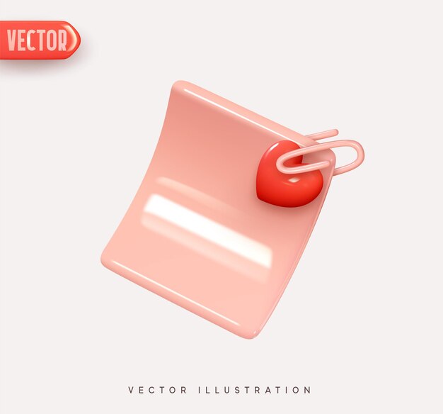 Hoja de papel de icono de vector 3d, hoja de carta anclada con clip de papel y corazón rojo. Notas de papel Elementos realistas para un diseño romántico. Objeto aislado sobre fondo blanco.