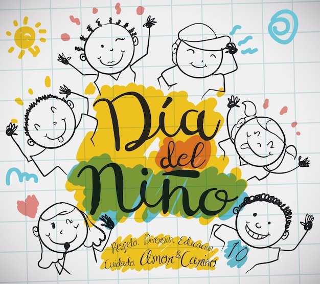 Hoja de papel con niños dibujando para el Día del Niño español