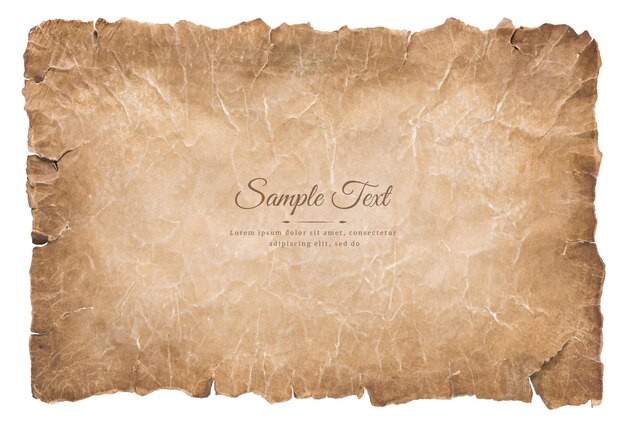 Hoja de papel de pergamino viejo envejecido vintage o textura aislada sobre fondo blanco