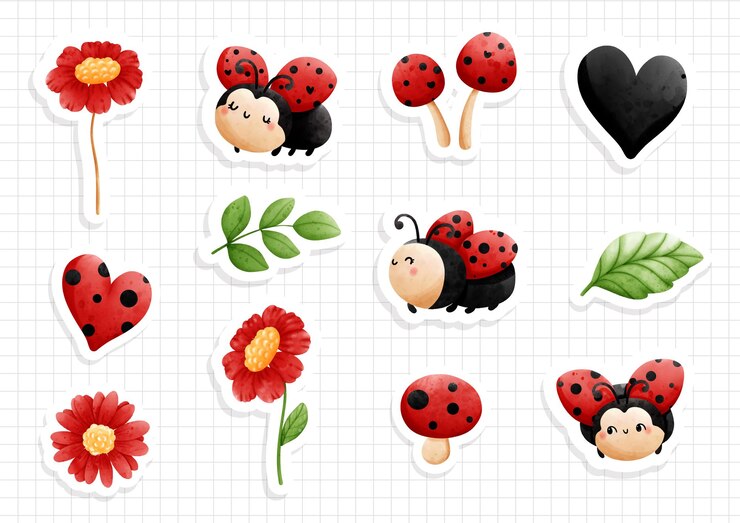 Vector hoja de pegatinas de mariquita de colección de mariquitas de acuarela ilustración vectorial