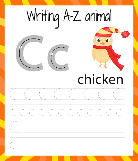 Hoja de práctica de escritura a mano. Escritura básica. Juego educativo para niños. Aprender las letras del alfabeto inglés para niños. Escribir la letra C