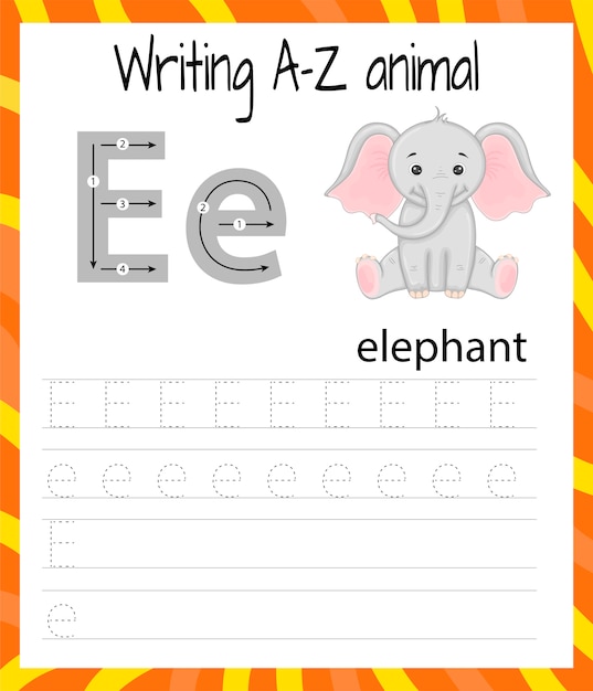 Hoja de práctica de escritura a mano. escritura básica. juego educativo para niños. aprender las letras del alfabeto inglés para niños. escribir la letra e