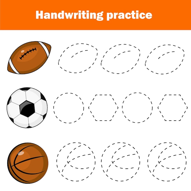 Vector hoja de práctica de escritura a mano hoja de trabajo imprimible de entrenamiento de escritura tema deportivo