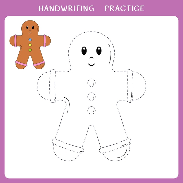 Hoja de práctica de escritura a mano con lindo pan de jengibre