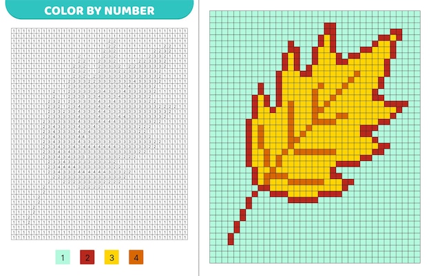 Hoja de roble amarillo rojo Color por número Libro para colorear de píxeles Cuadrados numerados Juego para niños Vector