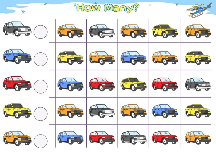 Vector hoja de trabajo de actividad de conteo de coches para niños
