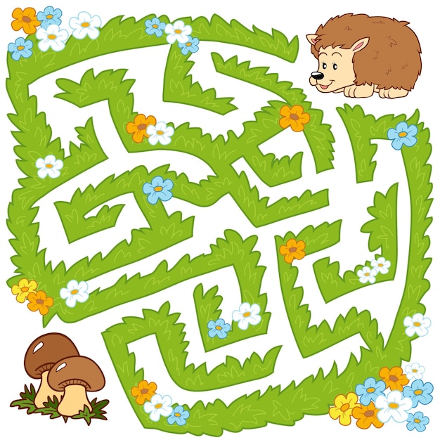 Hoja de trabajo de actividad educativa del juego de laberinto para niños Ayude al erizo a encontrar el camino a las setas