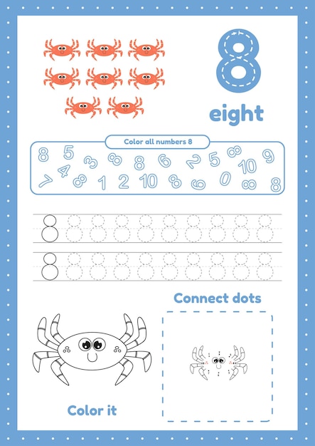 Hoja de trabajo de actividad para niños con muchos ejercicios Aprende el número ocho Colorear rastrear cangrejo