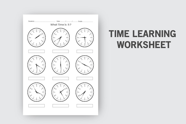 Hoja de trabajo de aprendizaje de tiempo y hoja de trabajo de contar el tiempo para libro de niños