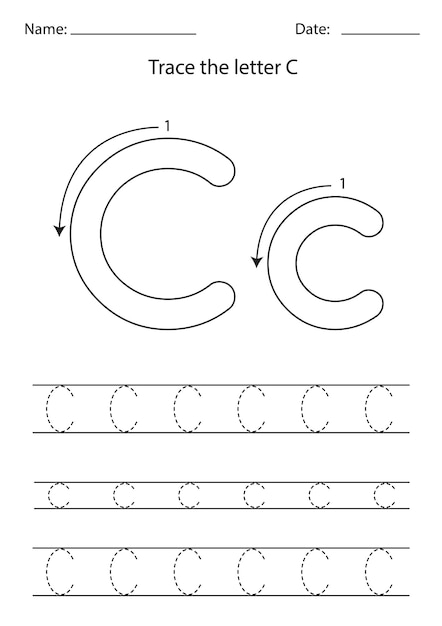 Hoja de trabajo en blanco y negro para aprender el alfabeto inglés. Letra de seguimiento C.