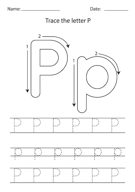 Hoja de trabajo en blanco y negro para aprender el alfabeto inglés. Letra de seguimiento P.