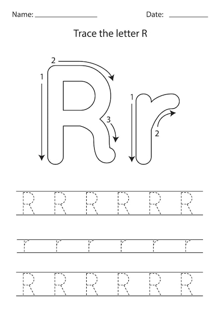 Vector hoja de trabajo en blanco y negro para aprender el alfabeto inglés. letra de seguimiento r.