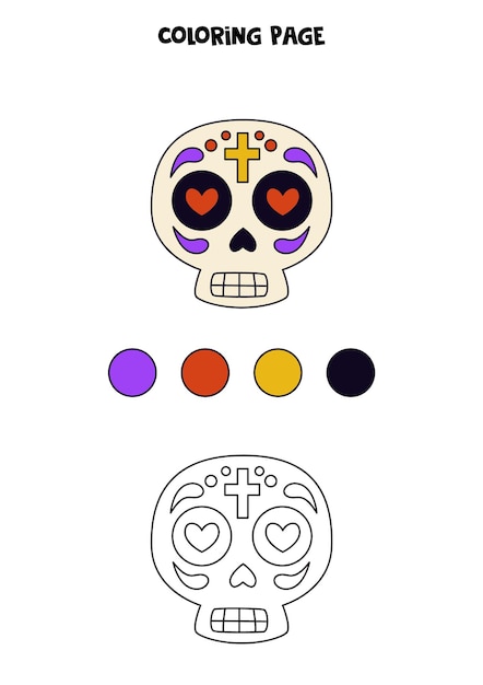 Hoja de trabajo de calavera mexicana de dibujos animados de color para niños