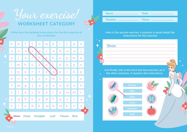 Vector hoja de trabajo de coincidencia de palabras e imágenes de cenicienta