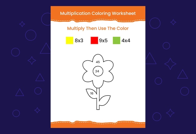 Vector hoja de trabajo para colorear de multiplicación con la imagen color por números juego de matemáticas