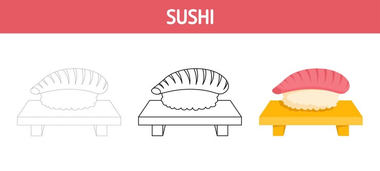 Vector hoja de trabajo para colorear y trazar sushi para niños