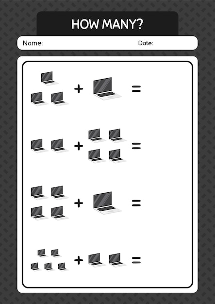 Hoja de trabajo de cuántos juegos de conteo con computadora portátil para niños en edad preescolar hoja de actividades para niños