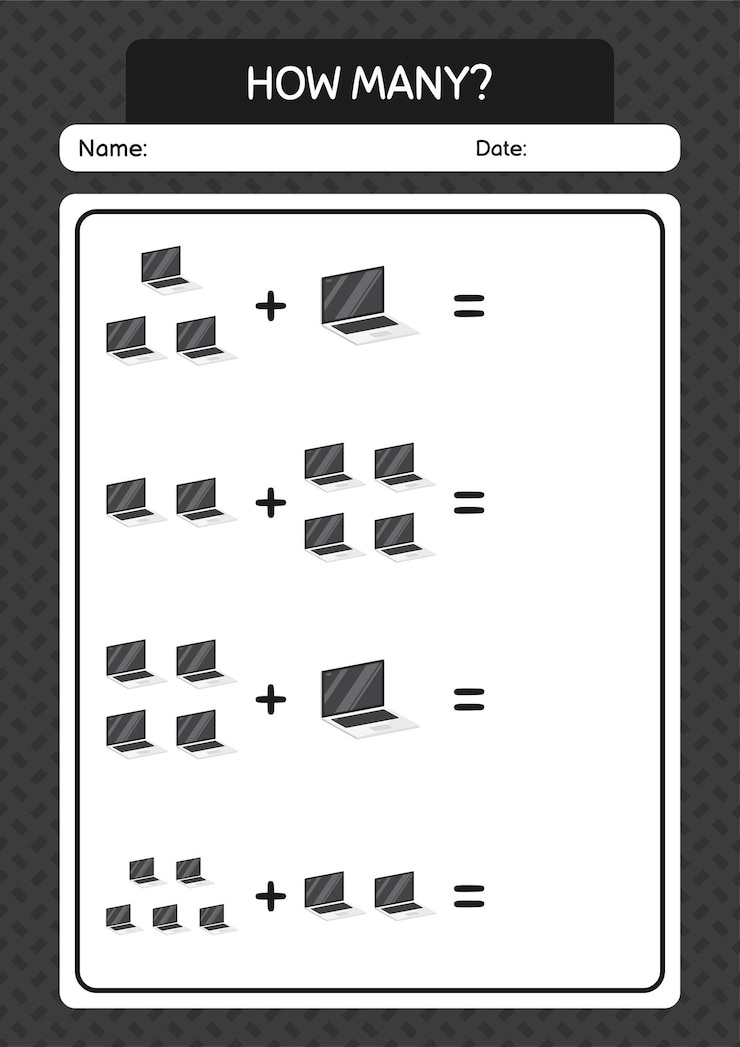 Vector hoja de trabajo de cuántos juegos de conteo con computadora portátil para niños en edad preescolar hoja de actividades para niños