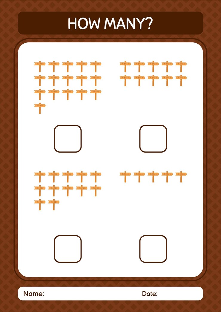 Vector hoja de trabajo de cuántos juegos de conteo con tablero de anuncios para niños en edad preescolar hoja de actividades para niños