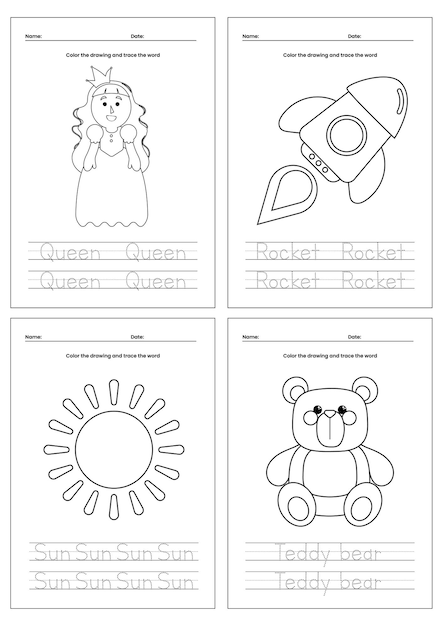 hoja de trabajo de diseño de vectores planos imprimibles para colorear para niños práctica de escritura a mano