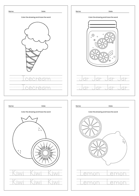 hoja de trabajo de diseño de vectores planos imprimibles para colorear para niños práctica de escritura a mano