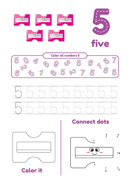 Hoja de trabajo educativa con materiales escolares a color trazado de punto a punto para niños Aprende el número 5