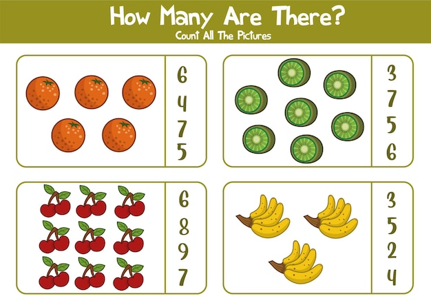 Hoja de trabajo educativa para niños en edad preescolar Contar productos de frutas Juego de matemáticas para niños