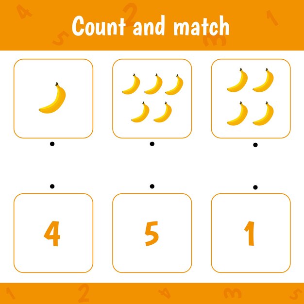 Hoja de trabajo educativa para niños en edad preescolar Contar y unir Juego de matemáticas para niños Plátano